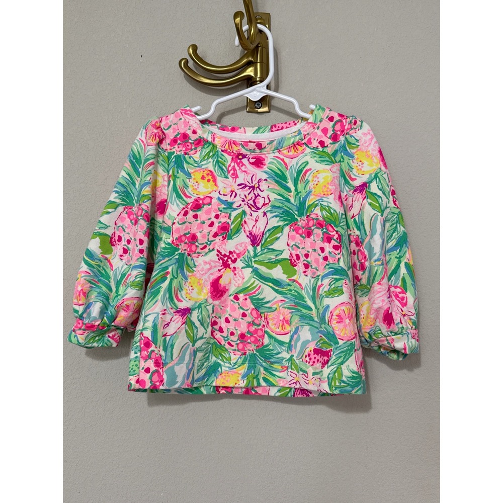 Lilly Pulitzer Pullover Top Girls S 4-5 Pink Green Tropical Floral Puff Sleeve